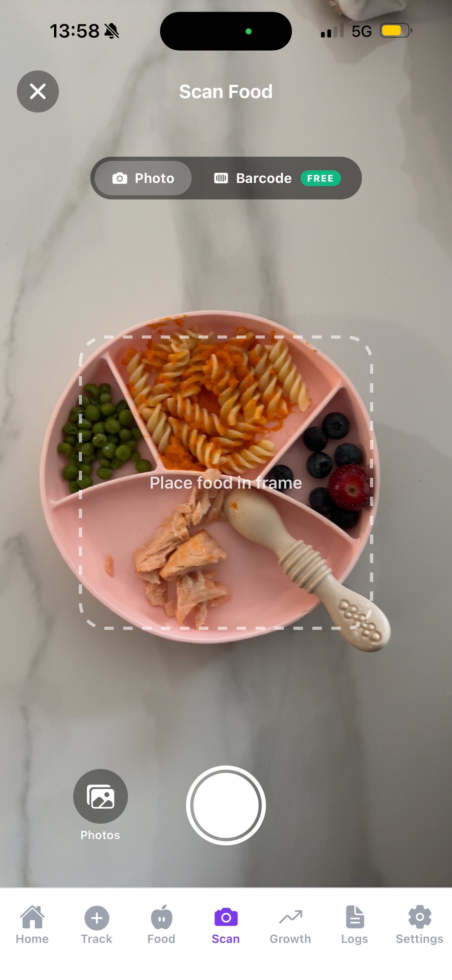 Baby Ledger AI food scan screen framing a meal for an ingredient check