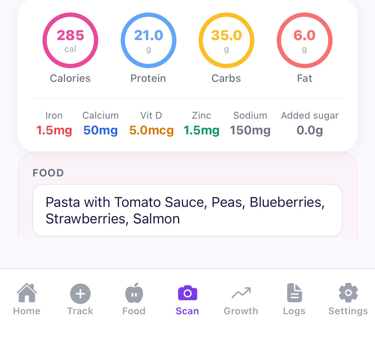 Baby Ledger AI scan result showing calories, protein, carbs, fat, and micronutrients for a meal